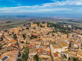 Aerial view of Pals a medieval town in Catalonia, northern Spain, near the sea in the heart of the Bay of Emporda on the Costa Brava with city walls