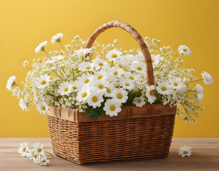 Obraz na płótnie Canvas White flowers in wooden basket on yellow spring background 3D Rendering