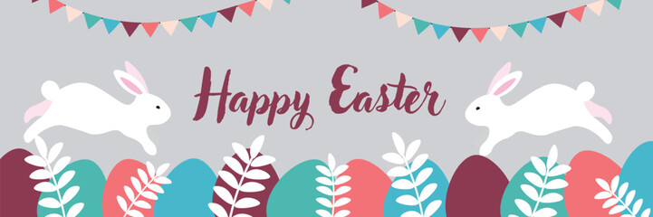 Festive banner for Happy Easter with painted eggs and bunnies