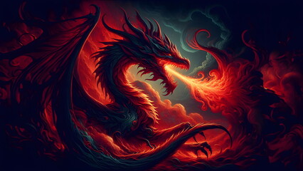 Red dragon breathing fire. Mythology creature. Dark fantasy