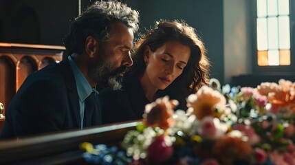 Sad couple in church for funeral with depression and coffin with flowers