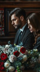 Sad couple in church for funeral with depression and coffin with flowers