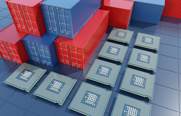 Container and computer chip, export import semiconductor industry, 3d rendering