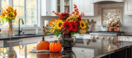Fall-themed kitchen decor with red and yellow foliage, floral arrangements, and a pumpkin on a light backdrop.