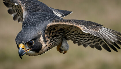 Fototapeta premium Zoom in to reveal the intense gaze of a peregrine falcon mid flight, its streamlined form slicing through the air with unparalleled precision