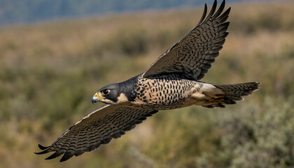 Fototapeta premium Zoom in to reveal the intense gaze of a peregrine falcon mid flight, its streamlined form slicing through the air with unparalleled precision