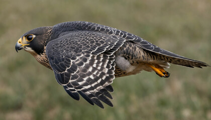 Fototapeta premium Zoom in to reveal the intense gaze of a peregrine falcon mid flight, its streamlined form slicing through the air with unparalleled precision