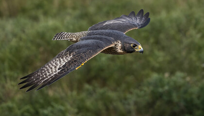 Fototapeta premium Zoom in to reveal the intense gaze of a peregrine falcon mid flight, its streamlined form slicing through the air with unparalleled precision