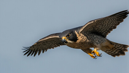 Fototapeta premium Zoom in to reveal the intense gaze of a peregrine falcon mid flight, its streamlined form slicing through the air with unparalleled precision