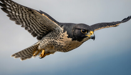 Fototapeta premium Zoom in to reveal the intense gaze of a peregrine falcon mid flight, its streamlined form slicing through the air with unparalleled precision