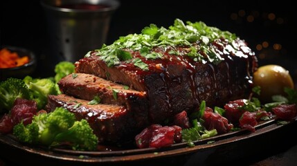 delicious meatloaf with vegetable topping, black and blurred background