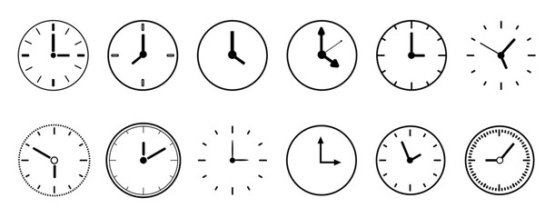 Set of different drawn clocks on white background