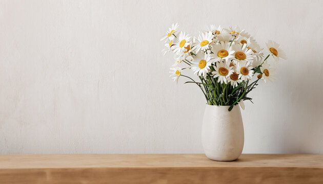 bouquet of daisies flowers in a ceramic vase on beige wooden table near a white textured wall. Copy space. Minimal Scandinavian interior. Neutral trendy colors interior decoration.