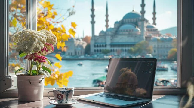 Sunny Day Serenity: Laptop by Window Overlooking Mosque by Lake View Seamless looping 4k time-lapse virtual video animation background. Generated AI