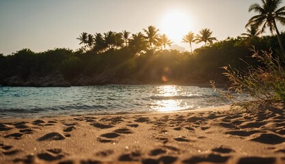 sunset on the beach with green plants, swaying palm trees . Generative AI.