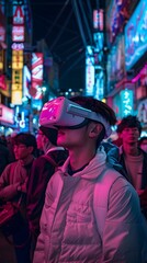 Obraz na płótnie Canvas crowd wearing vr headset in futuristic city in japan