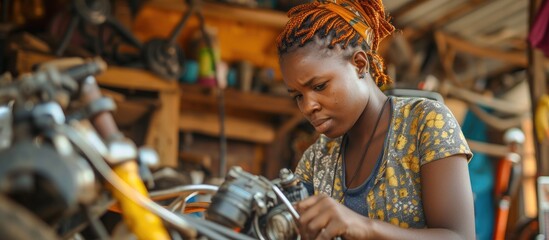 Black woman repairing a bicycle with digital aid.