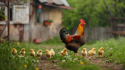A mottled rooster and newborn chickens walk on green loan