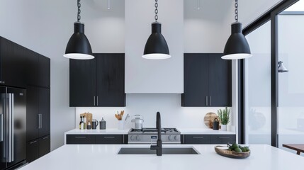 Contemporary Kitchen with Sleek White Countertop and Black Cabinets AI Generated.