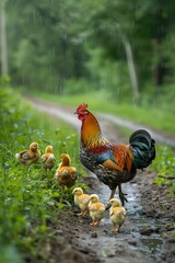 Fototapeta premium A mottled rooster and newborn chickens walk on green loan