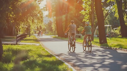 Obraz premium senior couple riding bicycles on road at summer park