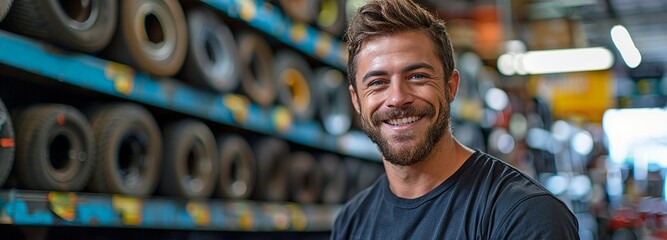 elegant mechanic with a black t-shirt positioned at the tire shop.