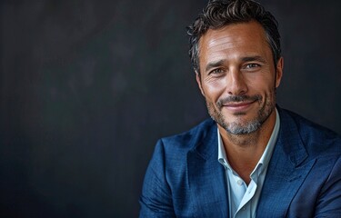 Fototapeta premium An elegantly smiling businessman wearing a suit is depicted in a black backdrop portrait.