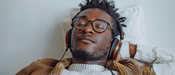 Unwinding black man with headphones against a white backdrop.
