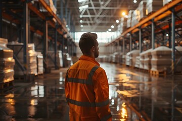 back view of a male worker standing in an industrial warehouse