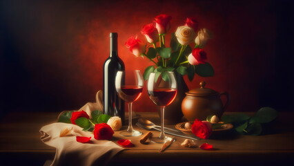 Fototapeta na wymiar Still life with two wine glasses, roses and a bottle of wine on a table and a red background