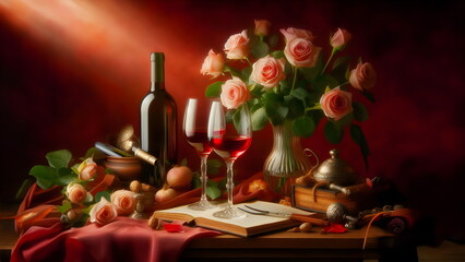 Naklejka na ściany i meble Still life with two wine glasses, roses and a bottle of wine on a table and a red background