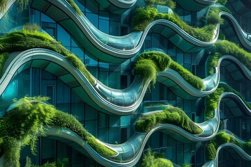 green roof on building facade, with greenery on facade - obrazy, fototapety, plakaty