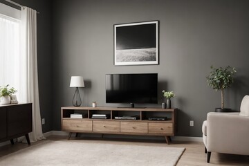 Modern living room interior mockup with black wall and wooden furniture in a perfect composition.