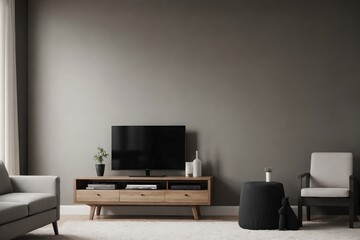 Modern living room interior mockup with black wall and wooden furniture in a perfect composition.