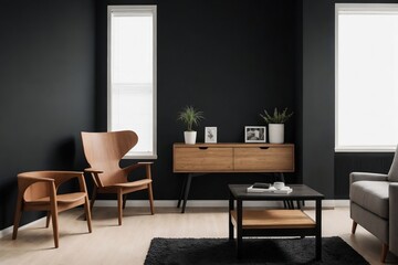 Naklejka na ściany i meble Modern living room interior mockup with black wall and wooden furniture in a perfect composition.