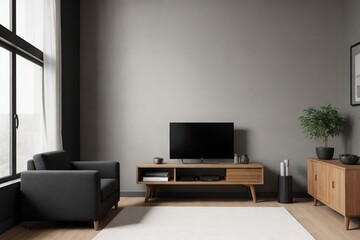 Modern living room interior mockup with black wall and wooden furniture in a perfect composition.