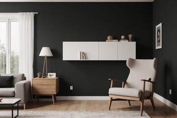 Modern living room interior mockup with black wall and wooden furniture in a perfect composition.