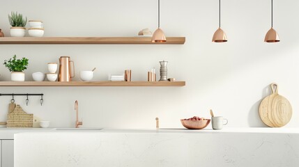 Contemporary Kitchen with White Background and Floating Shelves AI Generated.