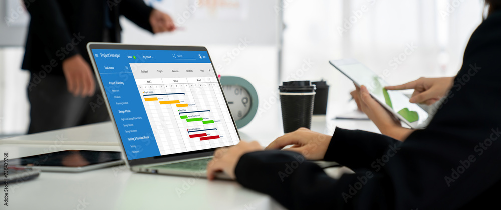 Poster project planning software for modish business project management on the computer screen showing time