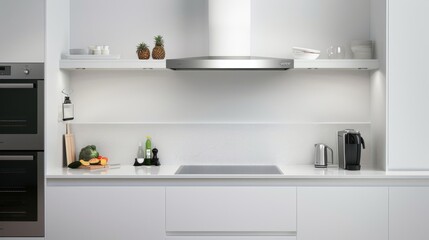 Contemporary White Kitchen with Floating Shelf and Stainless Steel Appliances