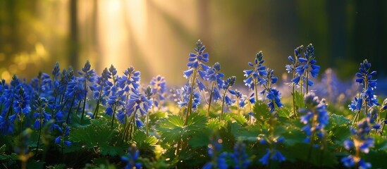 Forest meadow, blue fumewort flowers, Corydalis solida, bask in the morning sun, nature's awakening mood. - obrazy, fototapety, plakaty