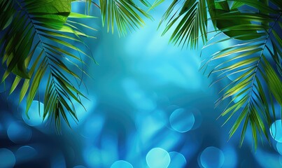 summer background, blue color, with palm leaves on the edge