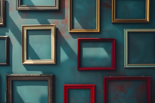 multiple colorful frames hanging against a blue wall