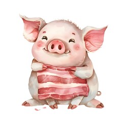 Pig, type of meat, cute cartoon, full body, watercolor illustration.