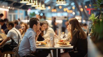 The Global Culinary Airport Restaurant offers a unique dining experience with communal tables where travelers from different cultures can come together and enjoy a global - obrazy, fototapety, plakaty