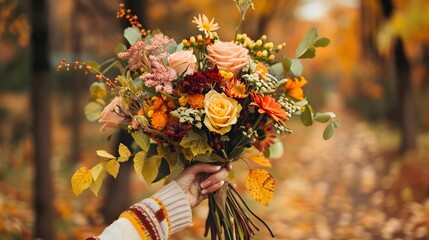 Female hand holds beautiful autumn bouquet. Flower delivery banner. 