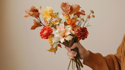 Female hand holds beautiful autumn bouquet. Flower delivery banner. 