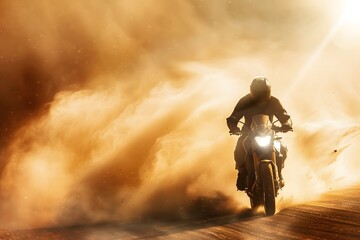 motorcycle rider at speed on dusty road with sunlight