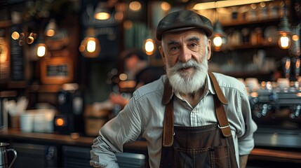Old handsome senior man barista working in cafe wallpaper background