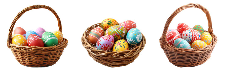 Fototapeta na wymiar Easter eggs in a bamboo basket on transparency background PNG